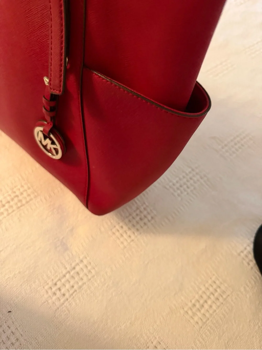 Michael Kors Bright Red Saffiano Leather Tote with MK Pendant